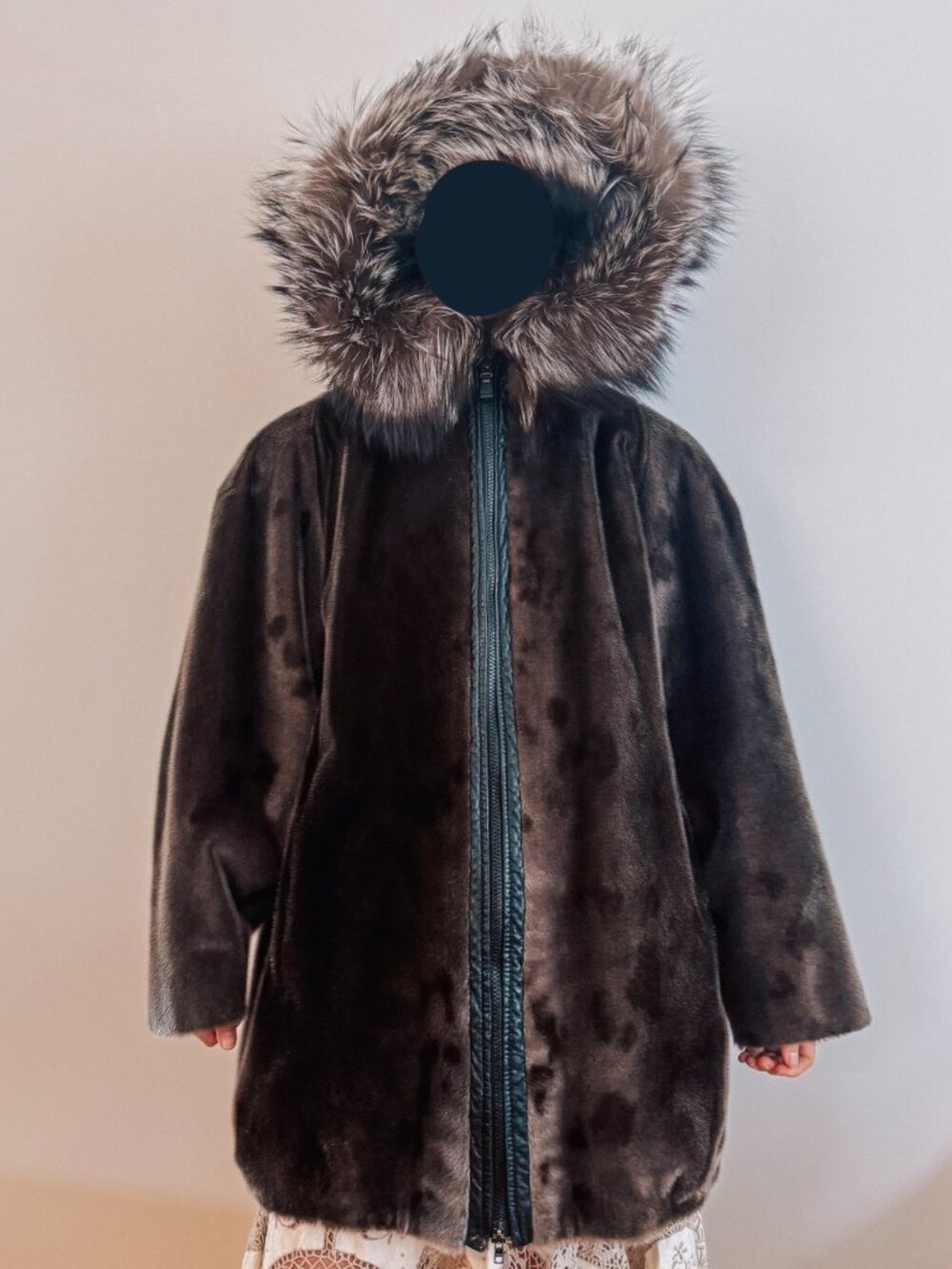 Genuine Sealskin Fur Coat Hooded Fox Spotted Vintage Seal Vogue Furrier Vtg XL